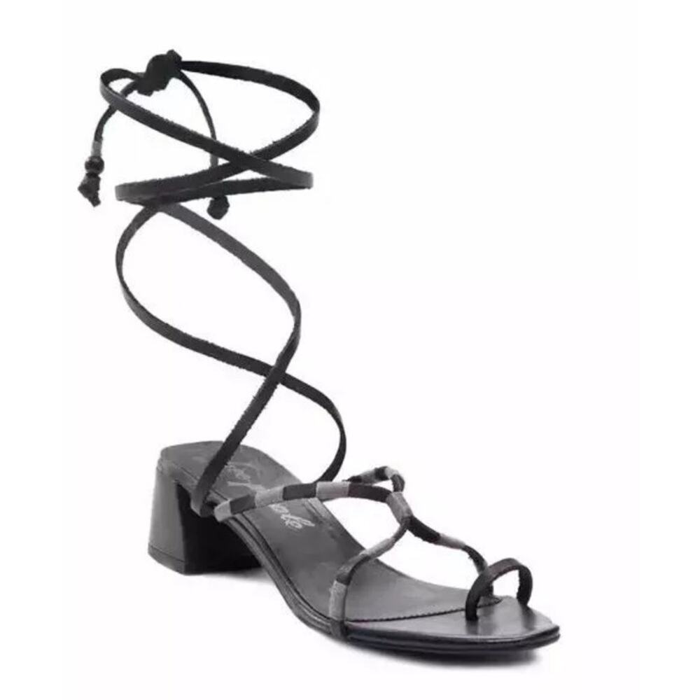 FREE PEOPLE Hermosa Lace Up Black Leather Strappy Ankle Wrap Sandals Sz 38 / 7.5